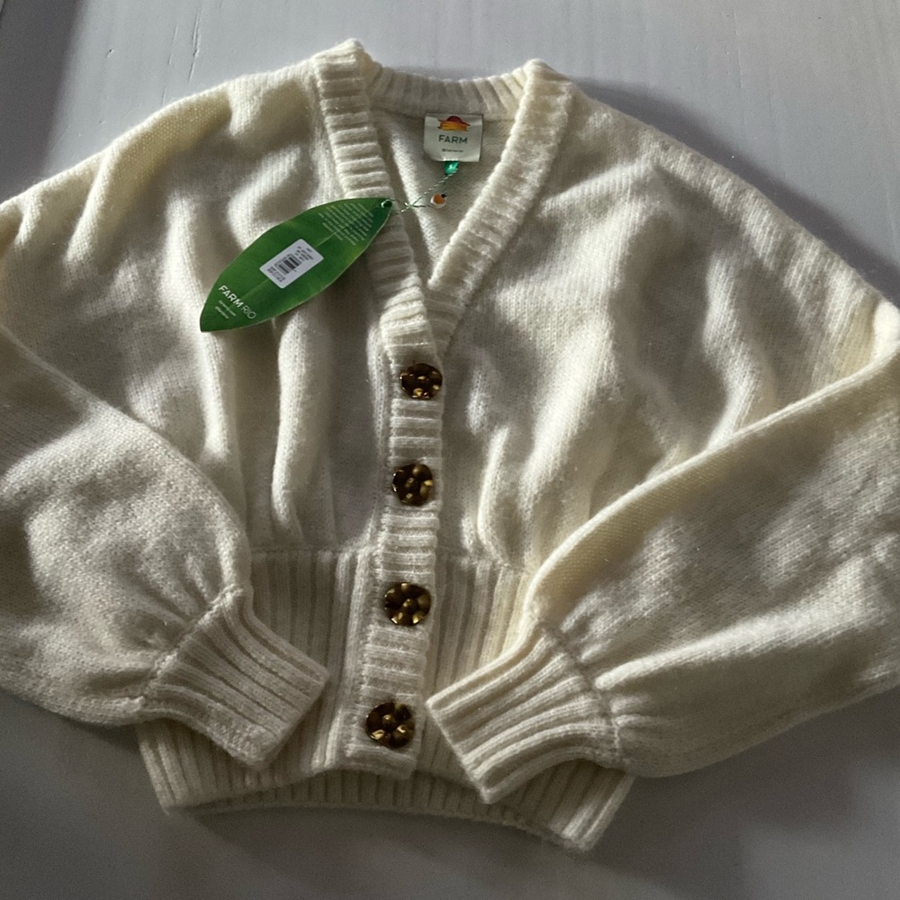 FARM RIO  Off-White Bubble Knit Cardigan S Chunky Sweater Brown Buttons Crop NWT